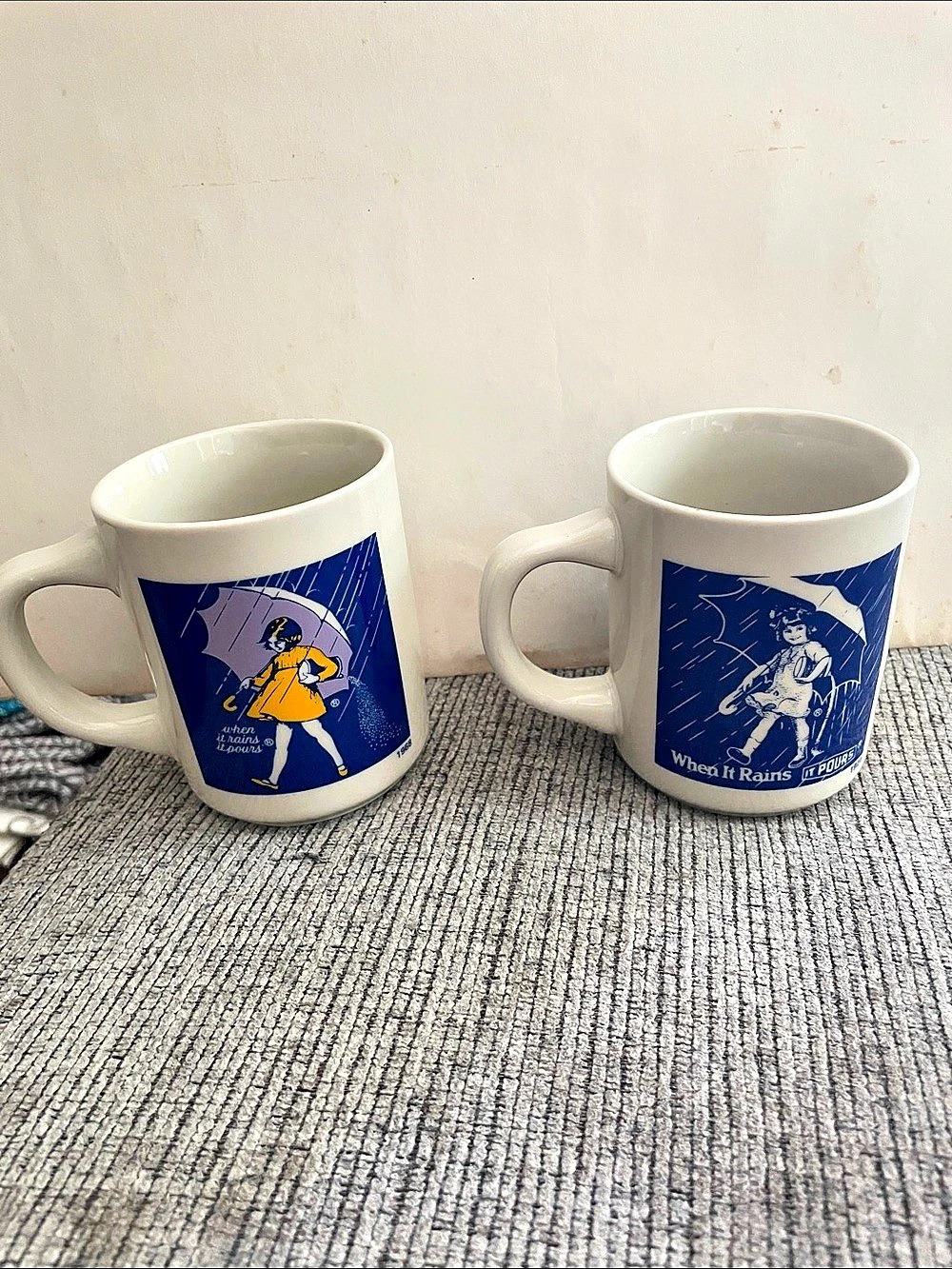 Morton Salt Girl Vintage Advertising Coffee Mug Set White & Blue